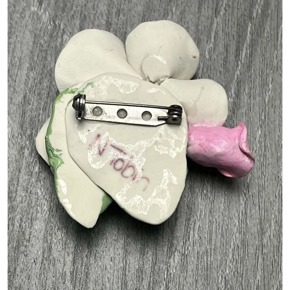 Vtg N Tobin HandPainted Flower Brooch Pin Pink White Green Artisan Signed Floral